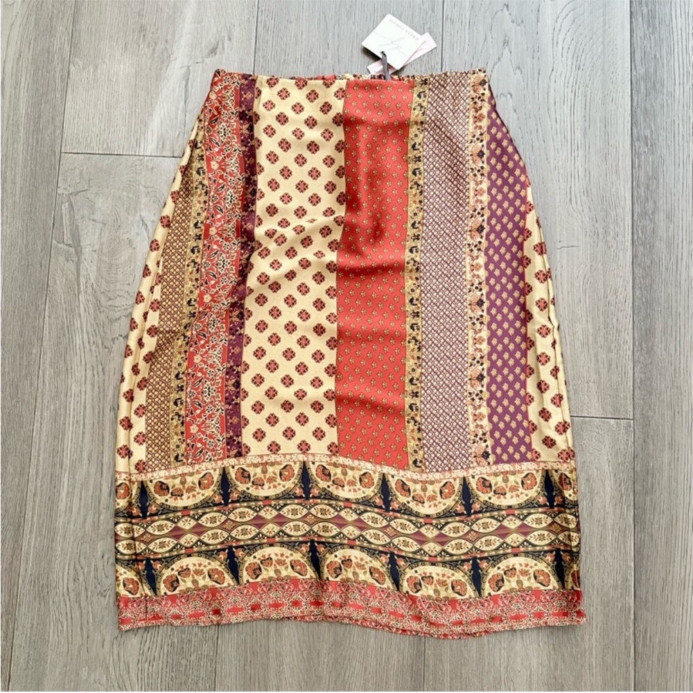 NWT Dress Forum Silky Scarf Boho Print Midi Skirt Large